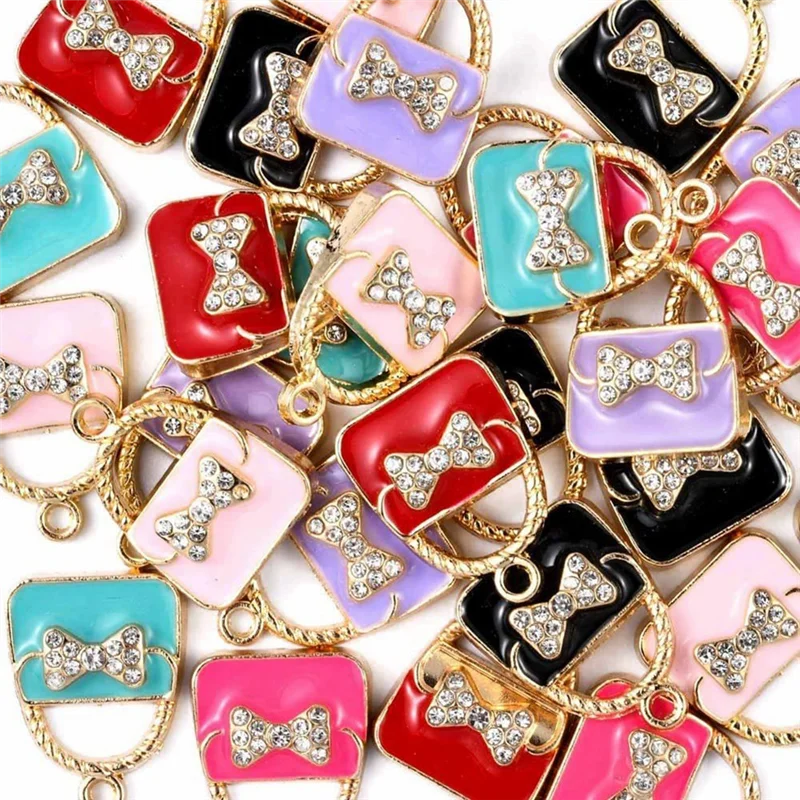 60 Pieces 6 Colors Enamel Bow Tote Charm Crystal Rhinestone LightGold Small Tote Charm for Jewelry