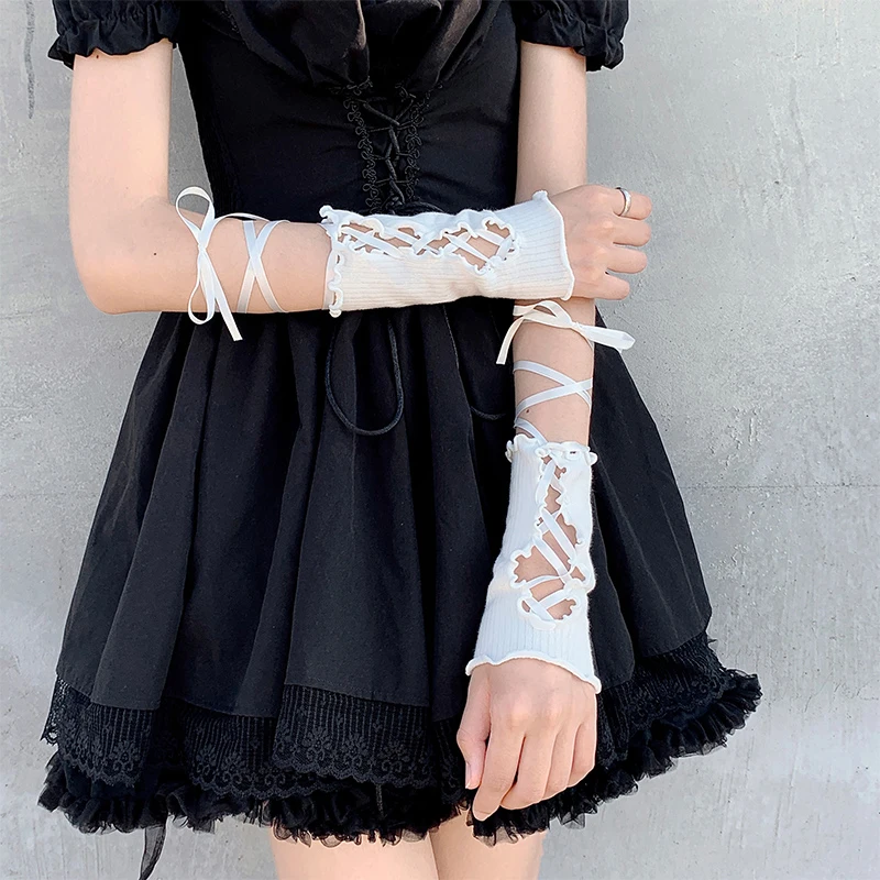 1 para styl Lolita rękawiczki DIY słodka dziewczyna sznurowana falbany ramię rękaw JK gotycki rękawiczki bez palców dla kobiet akcesoria do Halloween