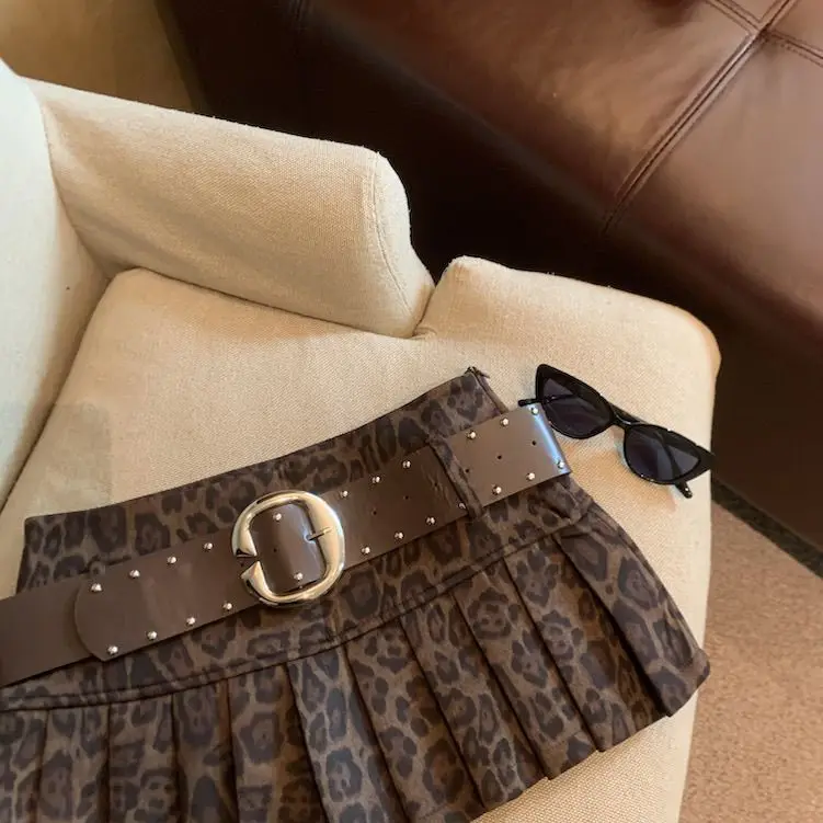 Sexy Leopard Print High Waist Anti-light Pleated Skirt Y2k Spice Girl Short Skirt