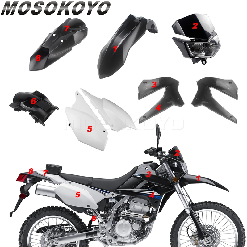 

For Kawasaki KLX 250 KLX250 2008-2019 Plastic Full Protect Guard Covers Tank Plate Dirt Bike Fairing Headlights Fender Motocross