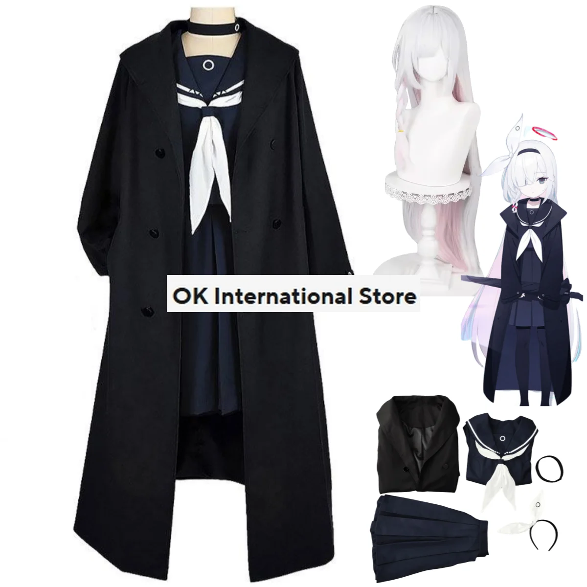 Anime Game Blue Archive Planetarium Cosplay Costume Wig Black Trench Coat JK Uniform Skirt Woman Sexy Kawaii Party Sailor Suit