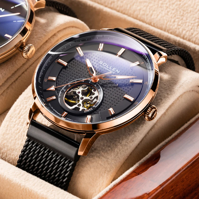 SOLLEN Automatic Mechanical Watches for Men Full Steel Clocks Waterproof Luminous Dual Skeleton Switzerland Luxury Brand SL362