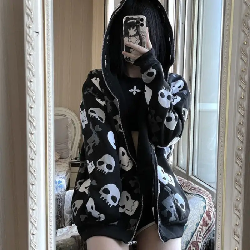 AltGoth Cyberpunk Y2k Sweatshirt Women Mall Goth Harajuku Skull Printed Long Sleeve Zipper Cardigan Hoodie Emo Alt Indie Clothes