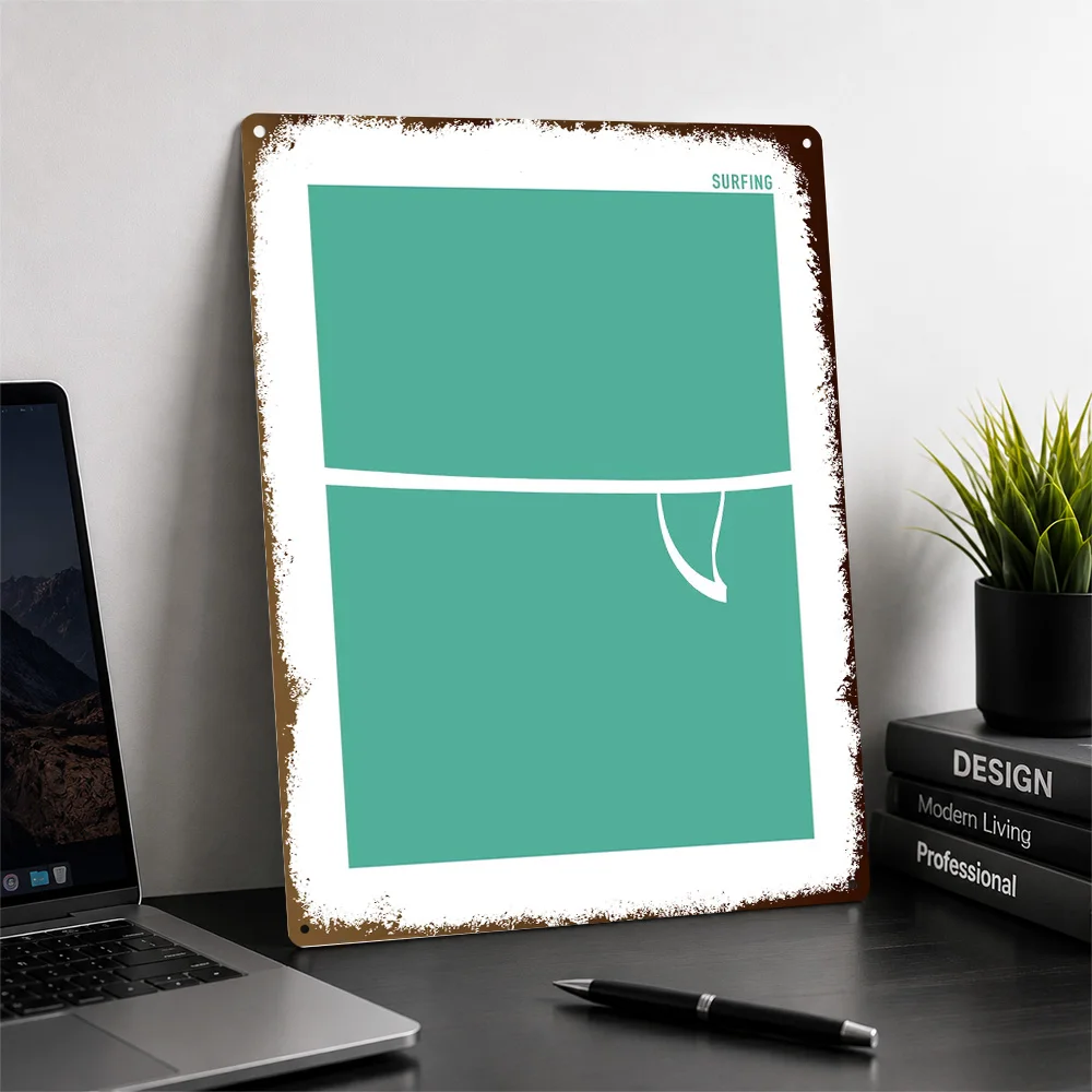 Minimalist Surfing Graphic Textured Poster Customized Metal Tin Sign Bold Dynamic Sports Scene Wall Art Made For Active People
