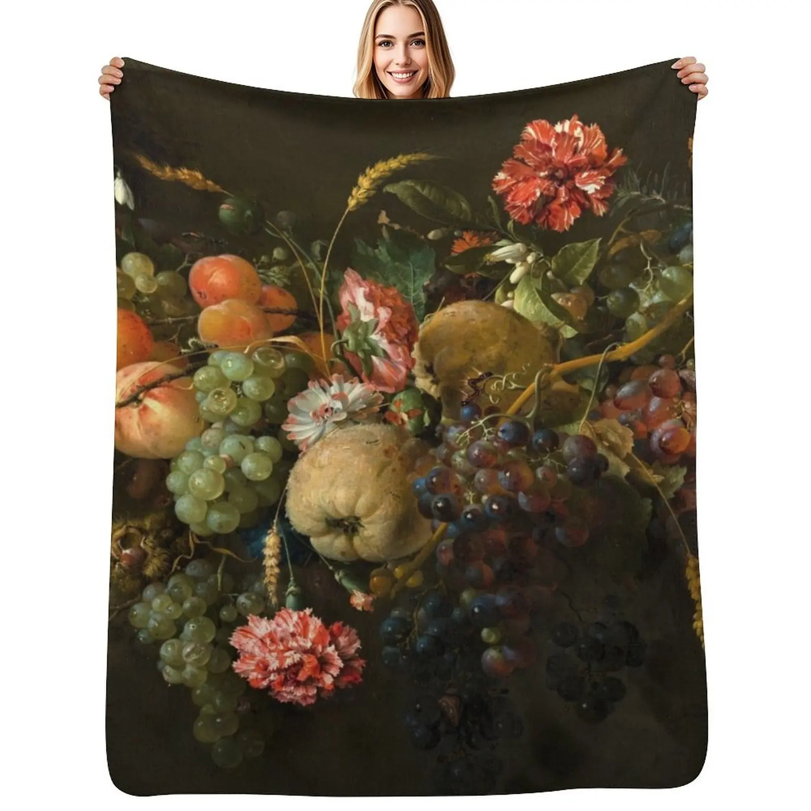 Jan Davidsz. de Heem - Garland of Fruit and Flowers Throw Blanket Spring Fall Cozy Throw Blanket for Couch