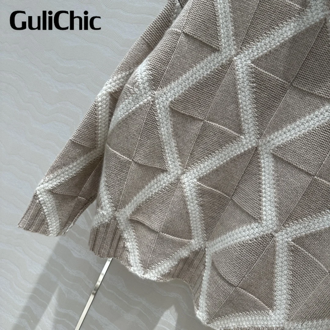 8.3 GuliChic High Qaulity 100% Cashmere Turtleneck Contrast Color Argyle Vintage Fashion Loose Comfortable Knit Sweater Women