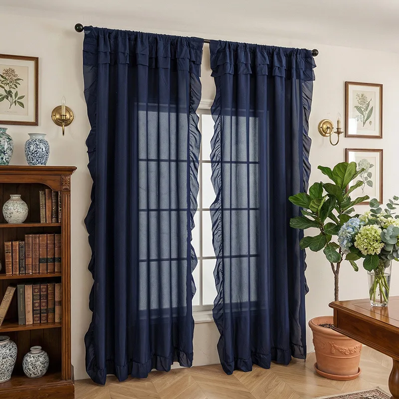 Curtain Various Color with Ruffle Sheer Window Curtains for Living Room 2 Panels Rod Pocket Pastoral Style Solid Shading Drape