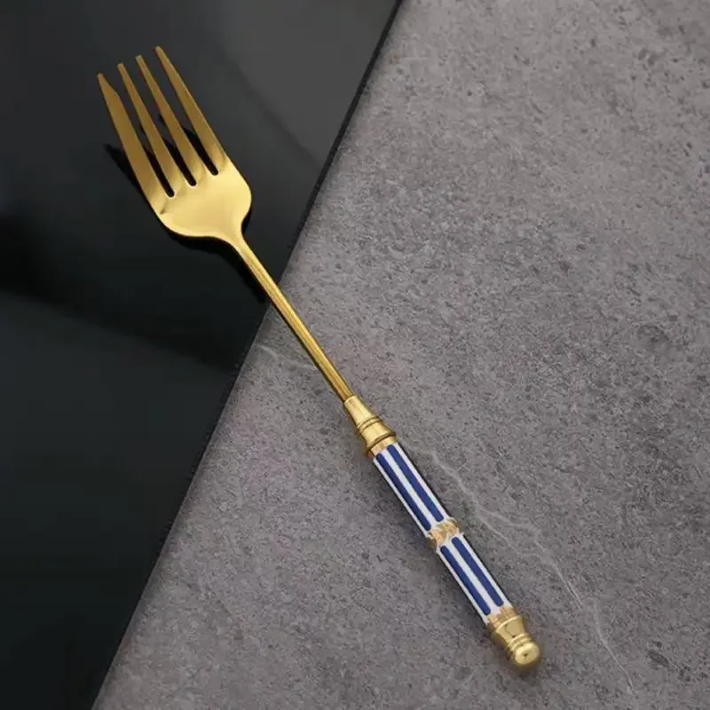 Kitchen Dessert Forks Luxery Stainless Steel Dinner Fork Gold Dessert Fork With Long Handle For Western Canteen Home