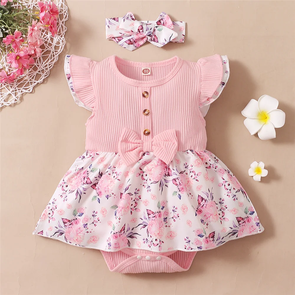 0-18 Months Baby Girl Floral Romper Dress Fly Sleeve Summer Ribbed Jumpsuit with Headband Newborn Baby Girl 2PCS Outfit