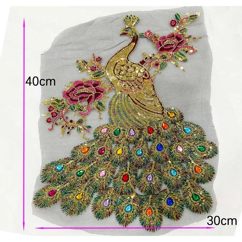 40*30CM/Peacock Flower Sequin Beaded Rhinestone Applique Lace Embroidery Fabrics Sewing Patches For Evening Gown,Party Dress