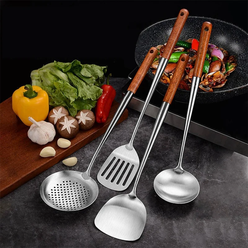 2X Long Handle Stainless Steel Wok Spatula Kitchen Slotted Turner Rice Spoon Ladle Cooking Tools Utensil Set