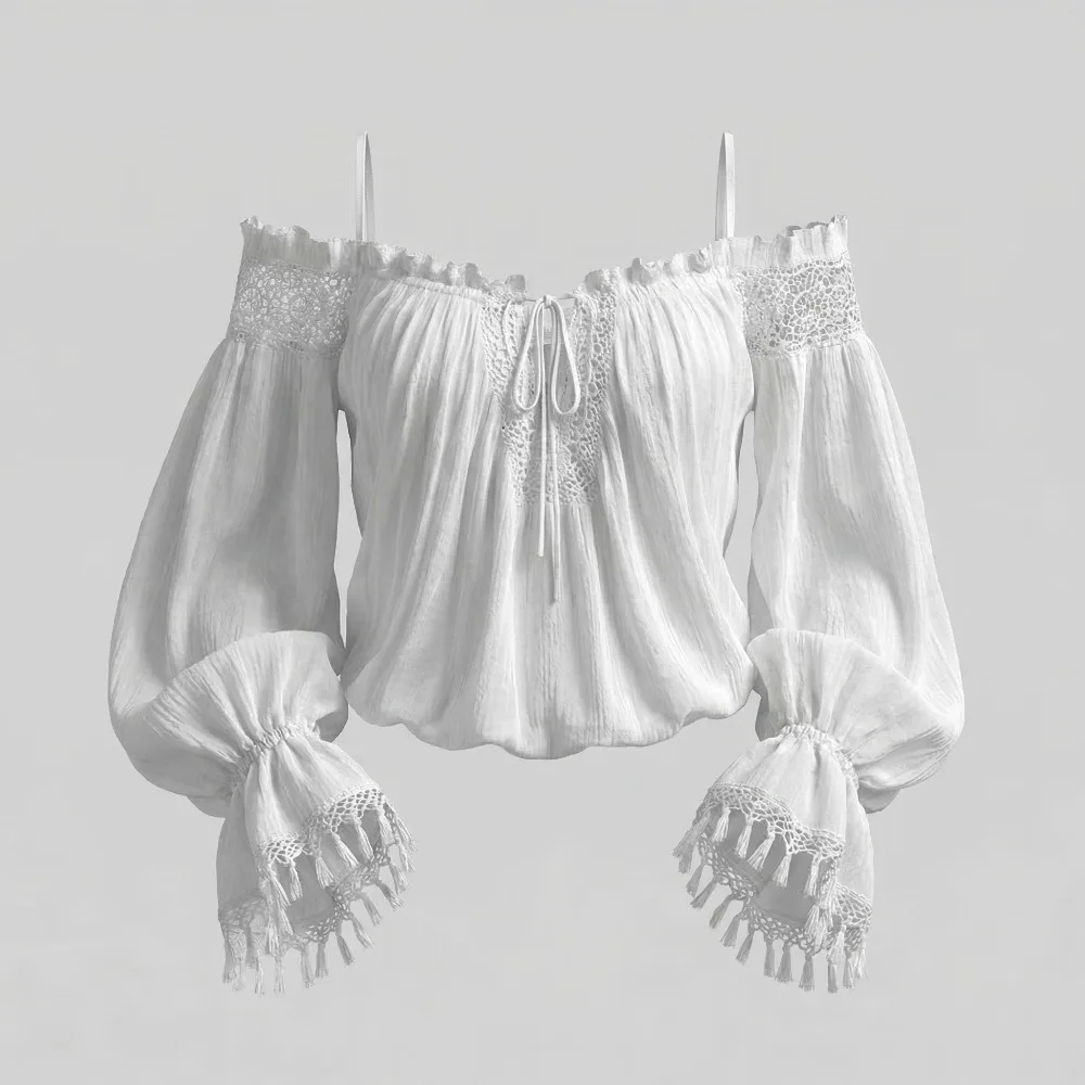 

Women's Boho Off Shoulder Blouse White Lace Crochet Long Sleeve Flare Cuff Tassel Casual Loose Fit Summer Beach Top