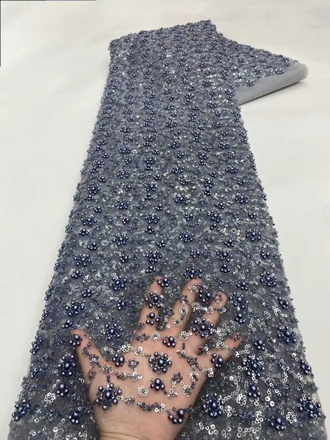 

African Heavy Beaded Lace Fabric 2025 Bridal Material Fabric High Quality French Sequin Tulle Lace for Wedding Party Dress