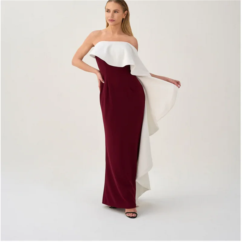 ชุดราตรียาวสีเบอร์กันดีและสีงาช้างสำหรับผู้หญิง ปี 2025 ชุดราตรีงานพรอมสวยงาม สายเดี่ยว สง่างาม ชุดเดรสสำหรับงานปาร์ตี้ สามารถสั่งตัดได้
