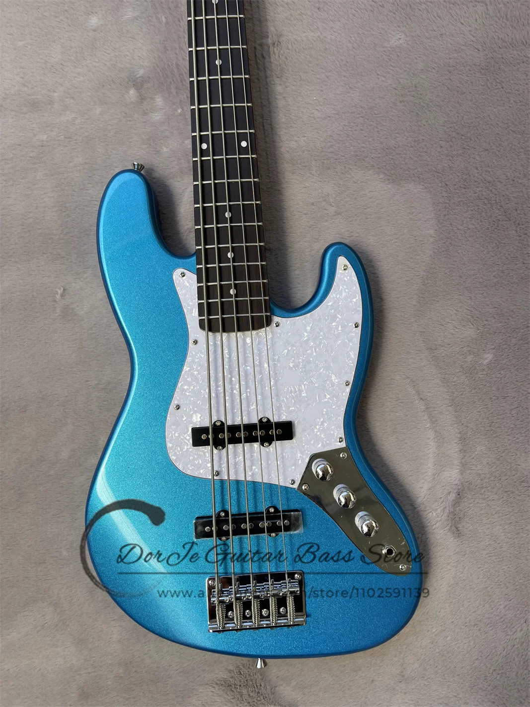 Metal Blue Bass Guitar 5 Strings Basswood Body White Pearl Pickguard Rosewood Fingerboard  Maple Neck