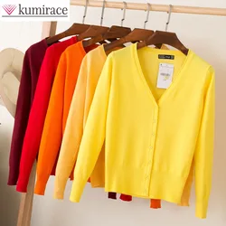 New Knitted Cardigan Women's Spring and Autumn Coat Natural Buckle Loose Long Sleeved V-neck Solid Color Coat Sweaters for Women