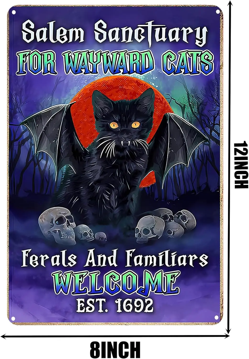 Funny Black Demon Cats Vintage Tin Sign Metal Poster, Salem Sanctuary for Wayward Cats Retro Tin Sign for Bar Home Coffee Hallow