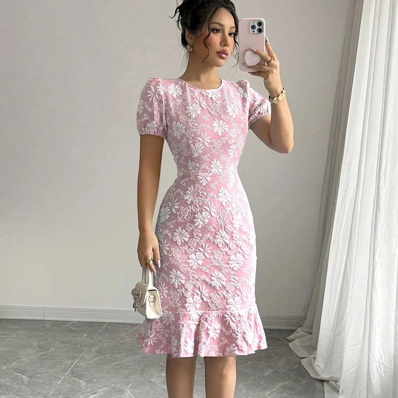 

Flower pattern embroidered white dress for women's knee-length hip slim mid-length dress versatile commuting basic summer