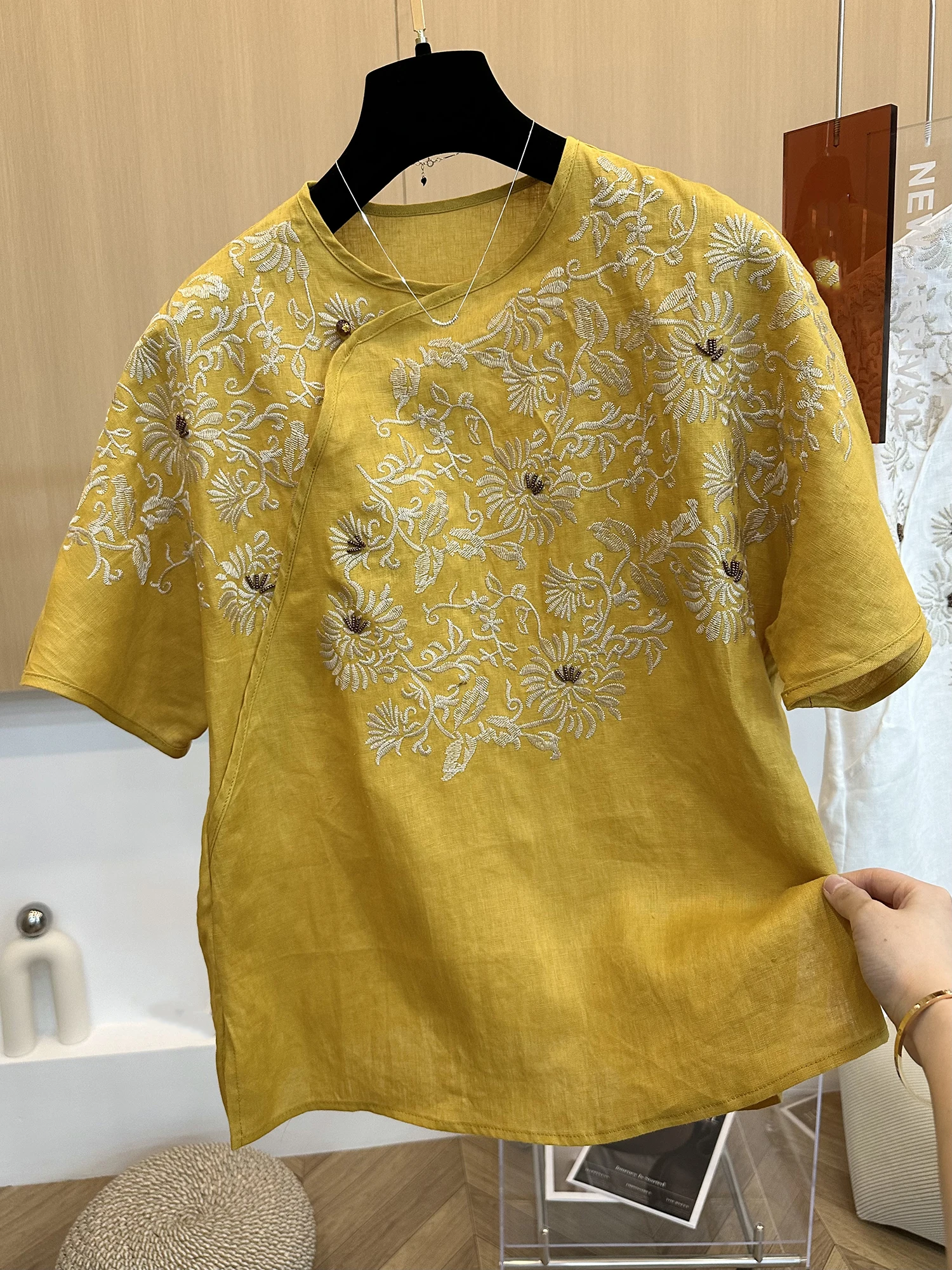 

New Chinese Sle Heavy Embroidery Linen irt Women Summer High End Retro National Wind Oblique Lapel round Ne Cotton Line...