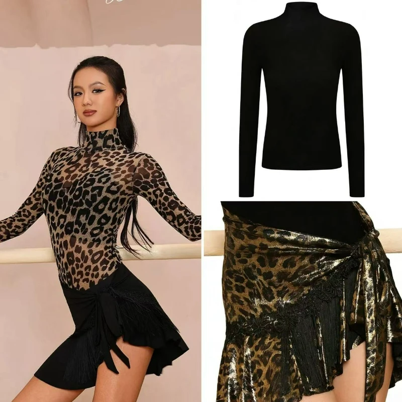 

Сексуальный комплект для латиноамериканских танцев: топ с длинными рукавами и леопардовым принтом, юбка с бахромой, танцевальная одежда для бальных танцев, ча-ча-ча, тренировок и соревнований.