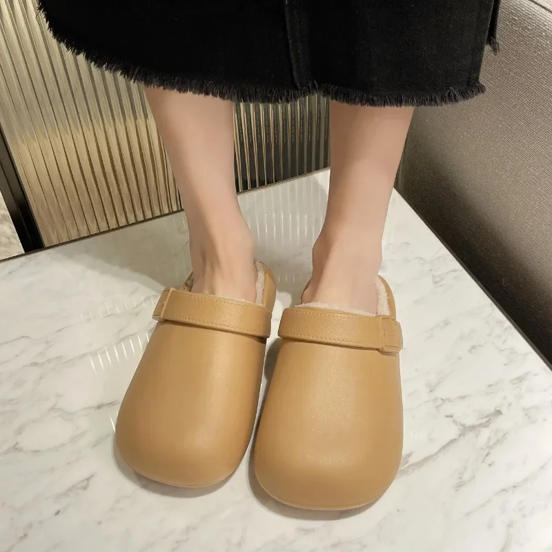 Women's Slippers Winter New Flat Round Head Short Plush Bun Head Half Drag Casual Comfort Increase Warm Non-slip Sandals