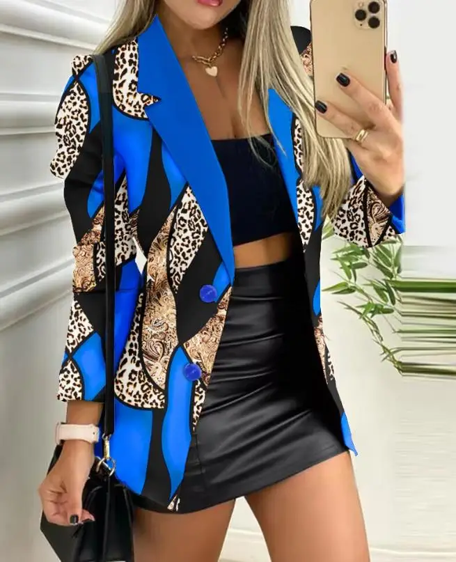 Elegant Blazer Women Long Sleeve Notched Collar Baroque Leopard Print Buttoned Work Jacket Coat 2023 Fashion Outwear Autumn Tops