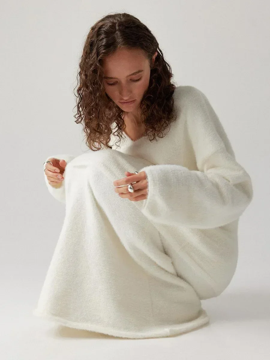 Women Knitted V-neck Sweater+Skirt Sets  Autumn Winter Thick Casual Sweater Warm Fashion Skirt Pullover 2 Pieces Sets