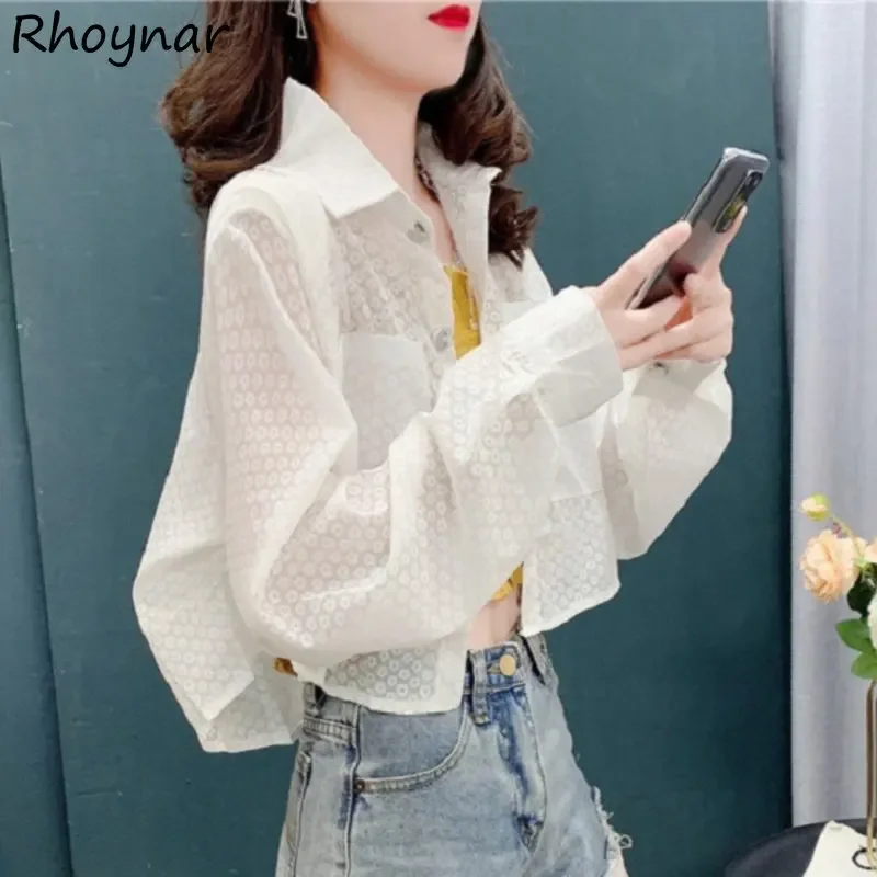 

White Sunscreen Shirts Women Summer Floral Cropped Thin Long Sleeve Minimalist Camisas Temper Pockets Korean Trendy Clothing INS