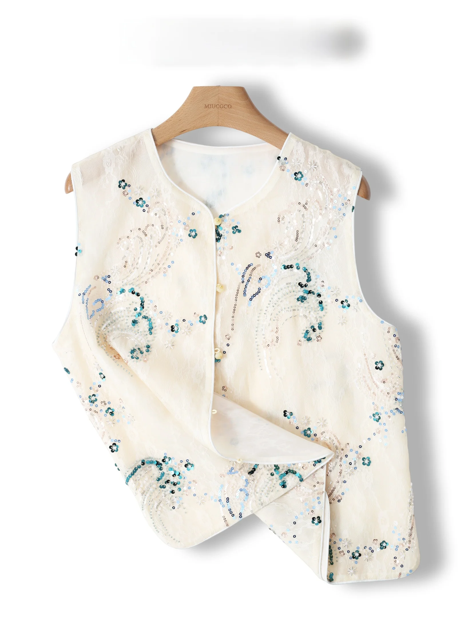 

New Chinese Style Thin Embroidered Vest Women's Heavy Work Outerwear Fashionable Girls' Jacket round Neck Single Button Closure