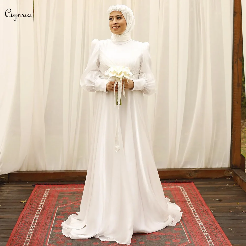 Ciynsia-Robe de mariée en mousseline de soie blanche avec voiles, robes de patients longues avec hijab, vintage, quel que soit le surintendant, mariage musulman, ligne A, 2024