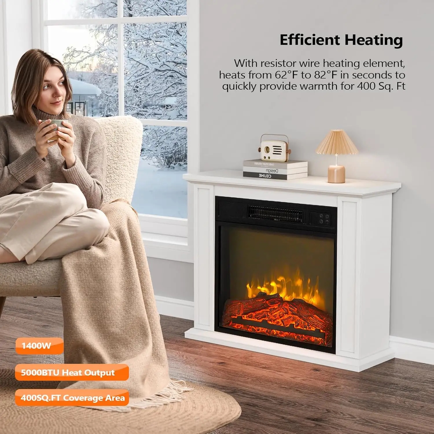 27'' Electric Fireplace with Mantel, Freestanding Heater with Remote, Timer, Realistic Flame & Adjustable Temperature