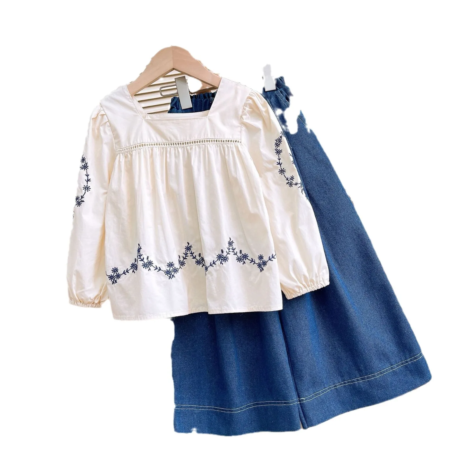 Kids Princess French Long Sleeve Embroidered Doll Shirt+Cowboy Wide Leg Pants Baby Suit Spring and Autumn Girls'  Clothing Sets
