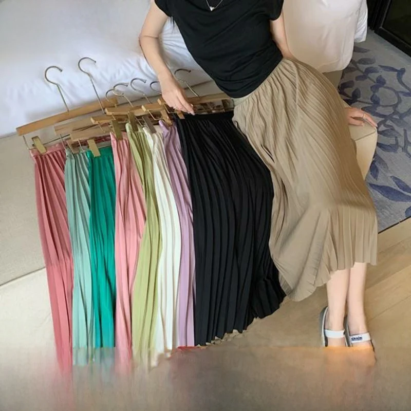 Mat Texture New Pleated High Waist Skirt Women's Simple Sle New Model Ciwalk Polyester Fiber H-Line Autumn Season