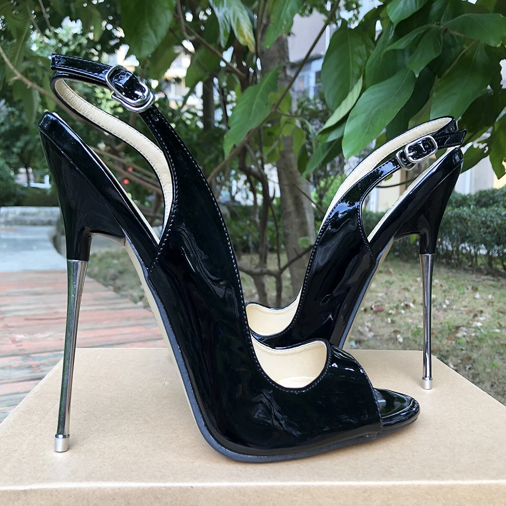 16cm Extreme Metal High Heels Black Sandals Women Sexy Pumps Heel Peep Toe Fetish Cosplay Drag Queen Cross Dresser Unisex Shoe