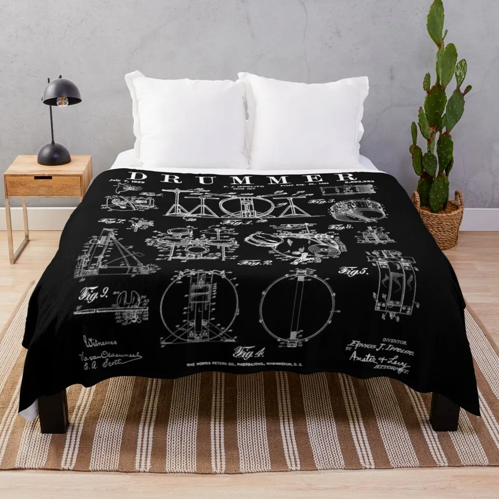 

Drum Set Kit Vintage Patent Drummer Drawing Print Throw Blanket Soft Big Blanket Fashion Sofa Blankets