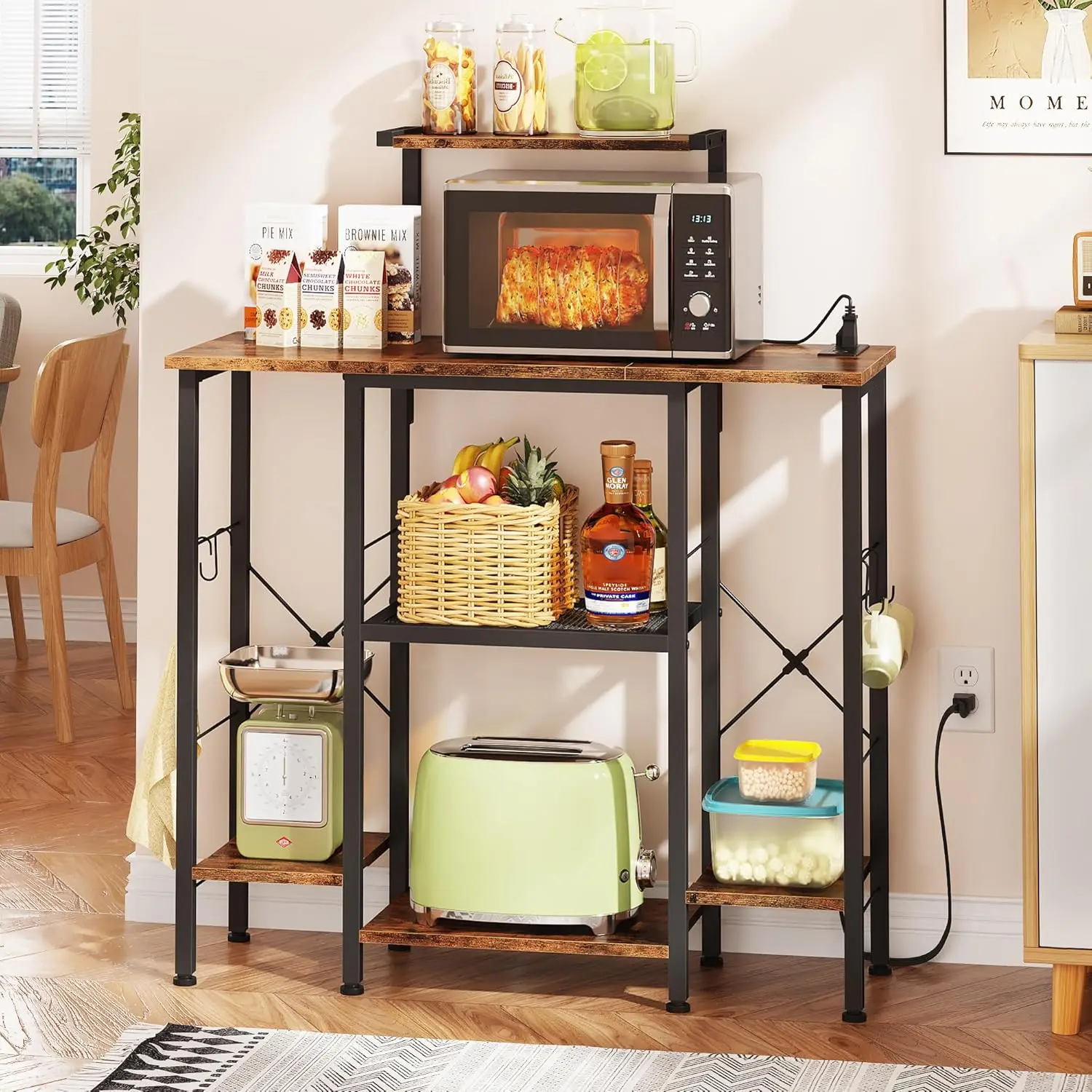 Rustic Brown 6-Tier Microwave Stand with Power Outlet, Coffee Bar & Storage for Kitchen Organization