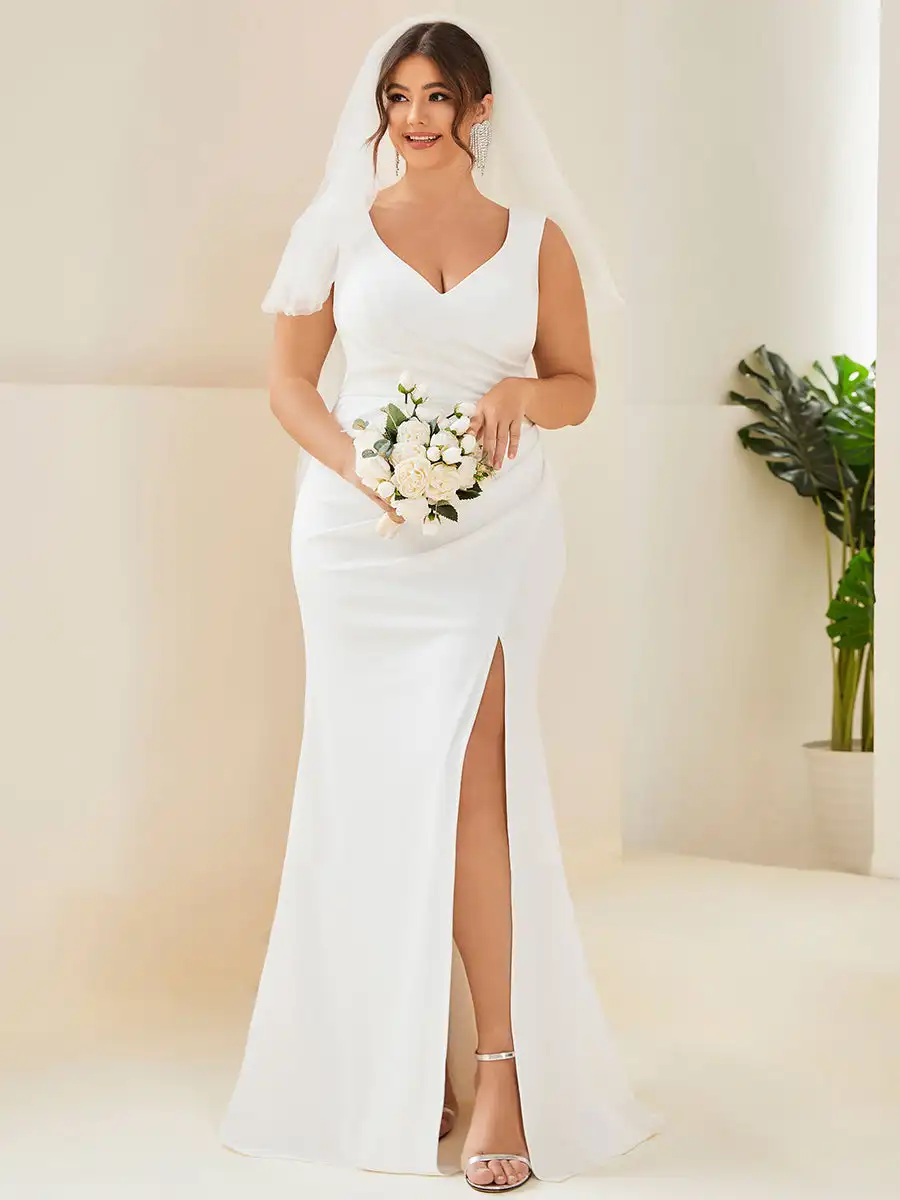 

BAZIIINGAAA Plus Deep V Neck Fishtail Sleeveless Split Wedding Dresses