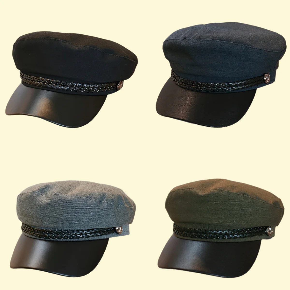 

Leather Rope Button Flat Top Hat Outdoor Fashion British Style Versatile Breathable Beret Solid Color Military Cap for Woman