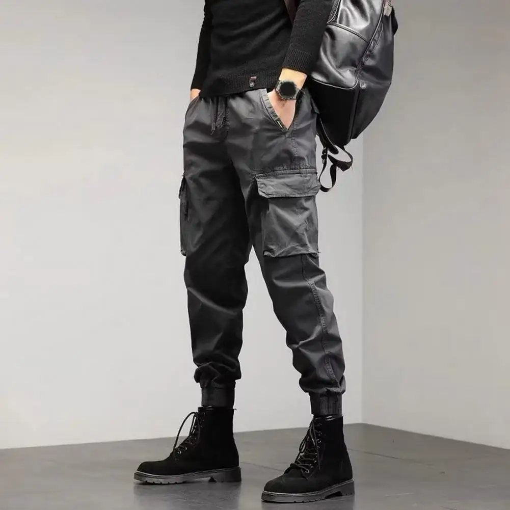 Calças masculinas elegantes de carga com vários bolsos, calças confortáveis, ajuste de cintura média, tecido respirável, hip hop