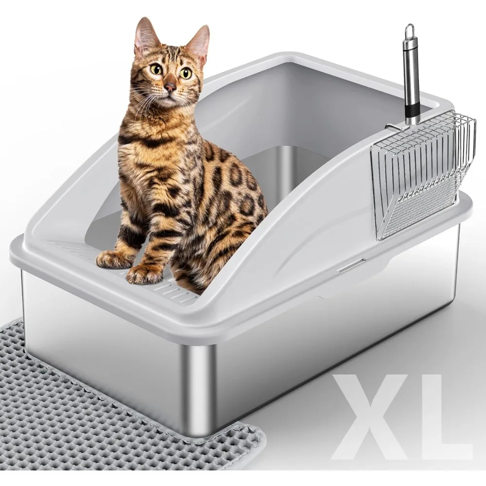 Stainless Steel Cat Litter Box, Large Litter Boxes with Lid, Anti-Urine Leakage, Non-Sticky, Include Cat Mat and Litters Scoop