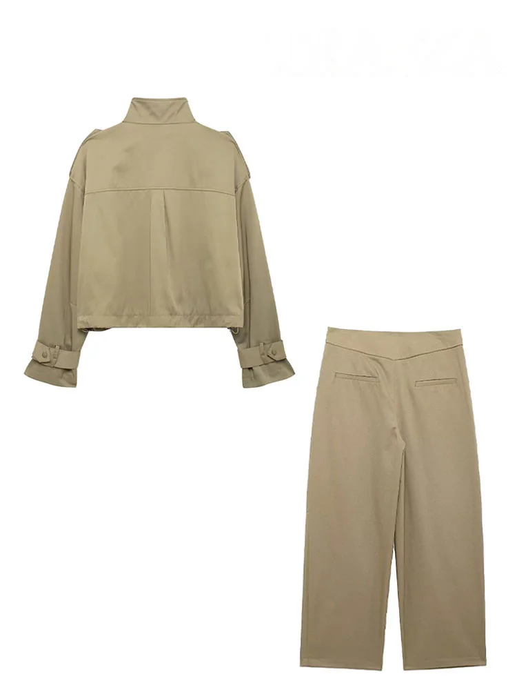 HH Set da 2 pezzi da donna Bottoni tascabili alla moda Decorano giacca a maniche lunghe Cappotto + Pantaloni larghi casual a gamba larga con cerniera a vita alta