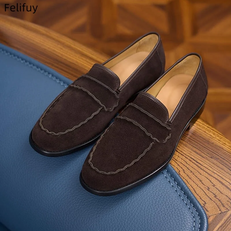 Men's Spring Leisure Shoes Comfortable Slip-On Men’s Loafers Flat Casual Real Leather Shoes Easy to Wear round Toe Flat Heel