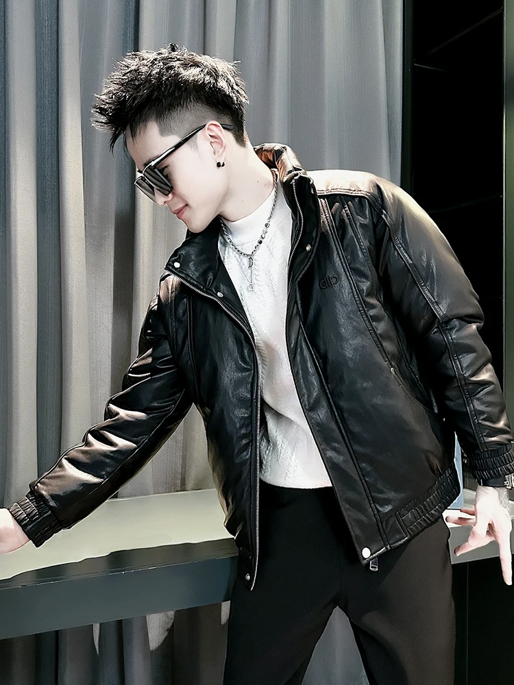 

Men's Winter Thiened Warmth PU Leather Cotton Jaet Casual Sle Zipper Decoration Regular Fit Long Sve Hoodl Coat
