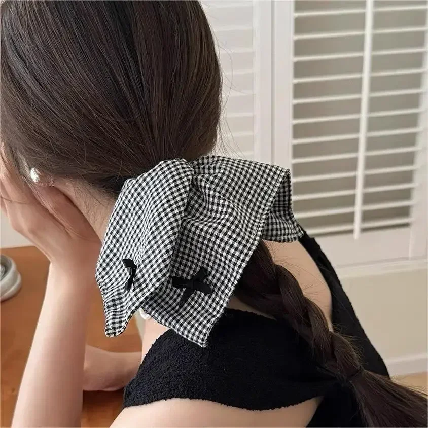 

Square Large Black White Checkered Striated Leopard Print Bowknot Heart Intestine Hair Ties for Women Fashion Temperament Scarf