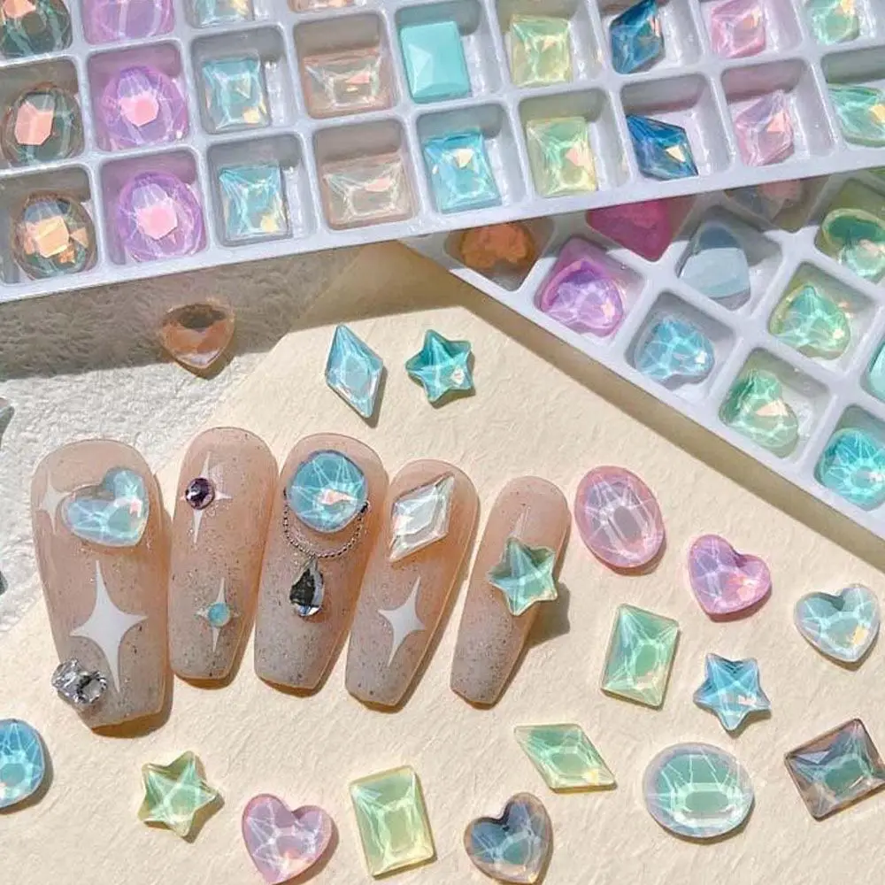 10Pcs Dreamy Nail Charms Aurora Stars Love Hearts Nail Figures Macaroon Resin Rhinestones Nail Parts Kawaii Nail Art Accessories