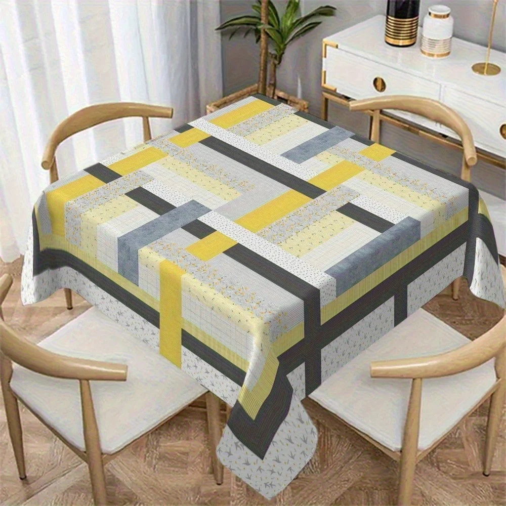 One modern geometric patchwork tablecloth, enhancing the simplicity of the dining room style. Polyester fiber tablecloth.