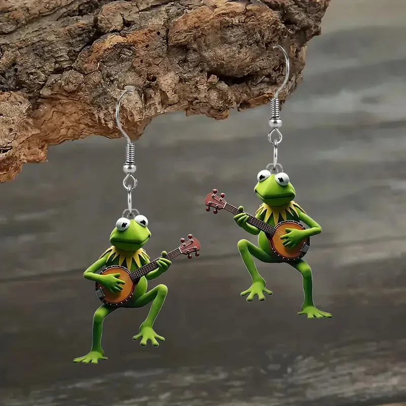 قطعة واحدة من أقراط سيدة الضفدع المسطحة من الأكريليك تتحدث عن الجيتار، أقراط بتصميم إبداعي على شكل حيوانات مع خلايا موسيقية، هدية