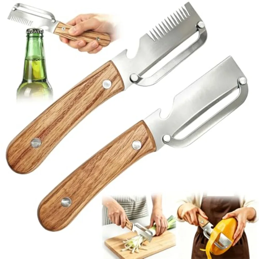 2 Pcs Multi-Functional Vegetable Peeler, Stainless Steel Blade with Wooden Handle, 3-in-1 Fruit Peeler with Bottle Opener and G