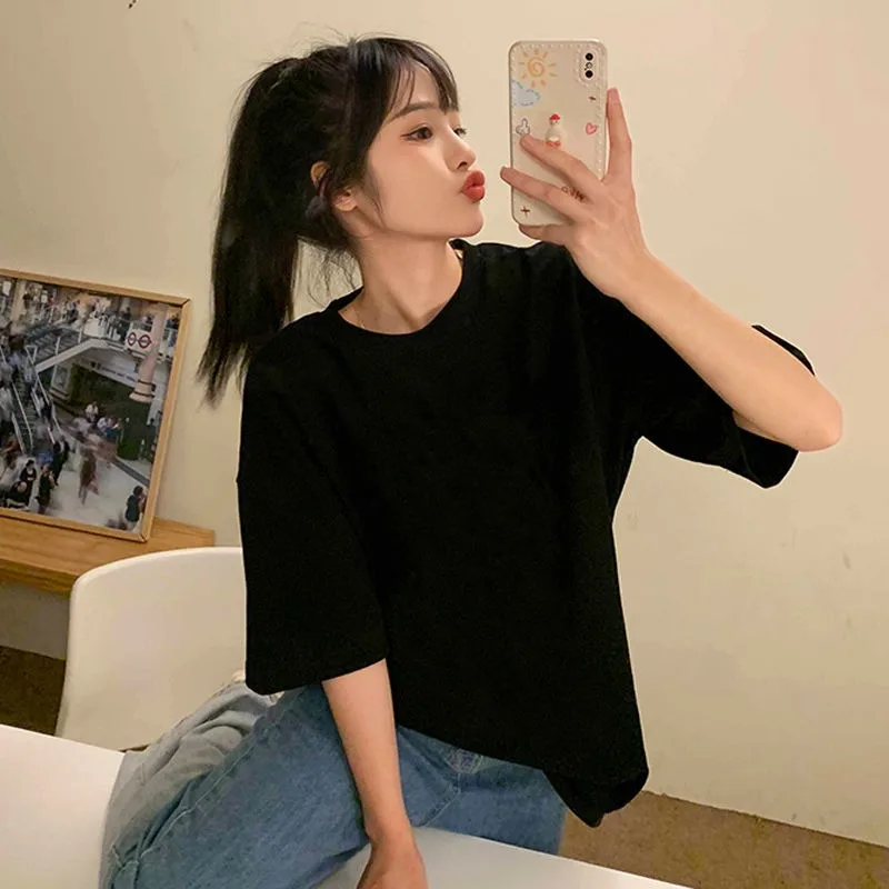 

Women Short Sleeved T-shirt Pure Cotton Black and White Loose Top Monochromatic Base Spring Wear Summer New 2024 Clothes