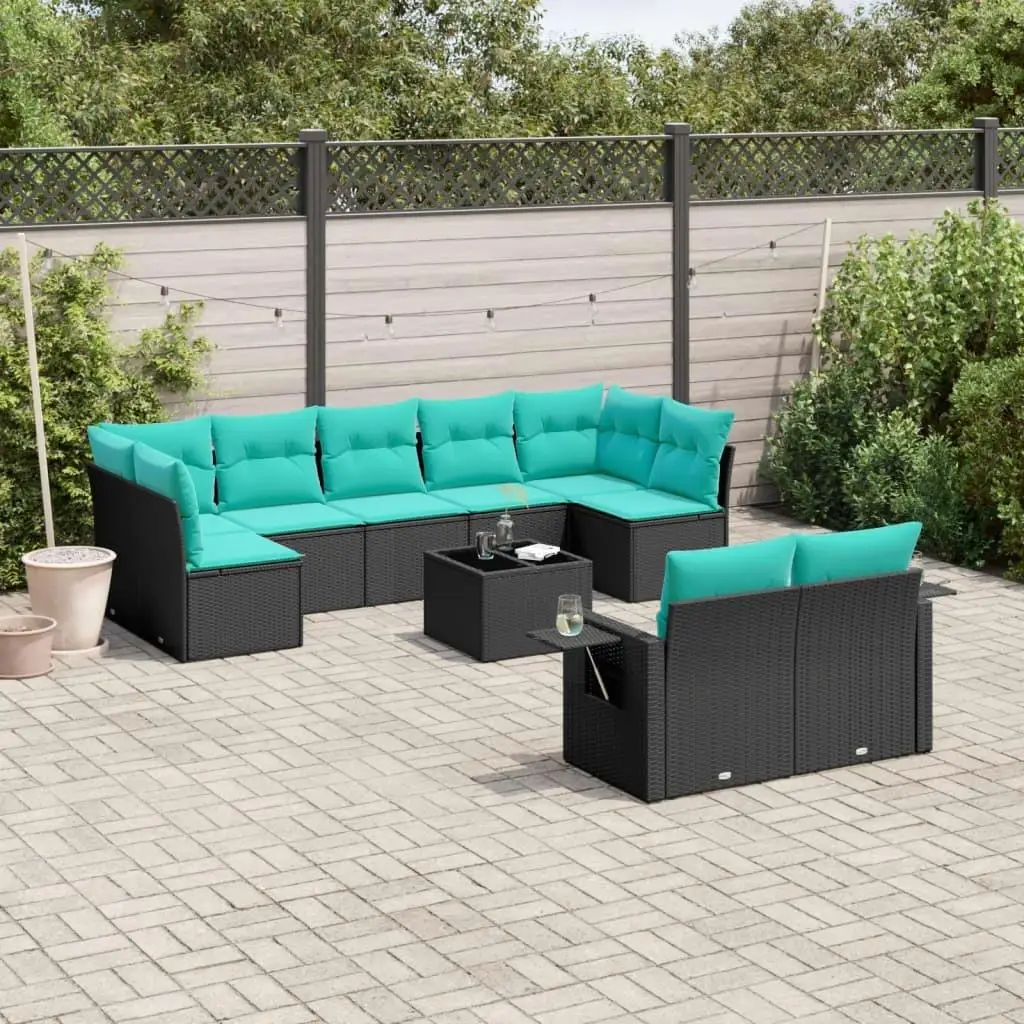 

10 Piece Outdoor Sofa Set with Cushions Durable Black Rattan Patio Furniture Garden Seating